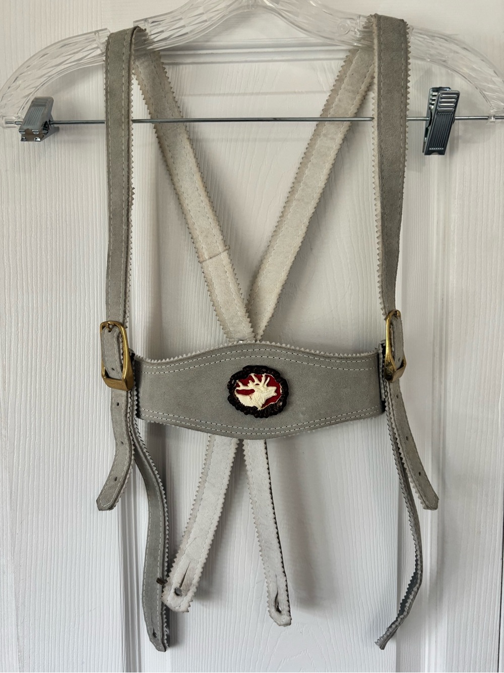 German Bavarian Lederhosen Suede Suspenders Gray Stag Deer Embossed Oktoberfest